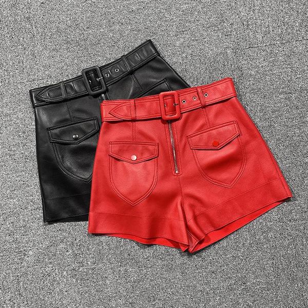 

women's shorts 2021 spring designer genuine leather high-rise a623, White;black