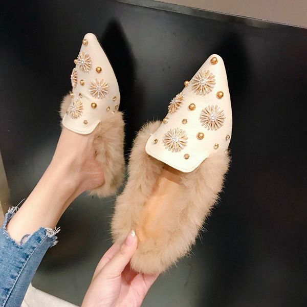 

slippers women's leather fabric fluffy warm lining fashion comfortable rhinestone rivet pointed toe female muller shoes women, Black