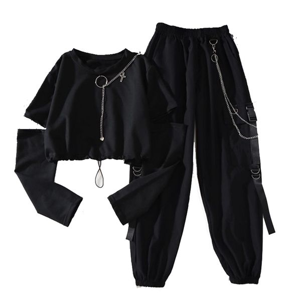 

spring autumn women harajuku cargo pants handsome cool two-piece suit chain long sleeve+ribbon pants 211112, Black;white