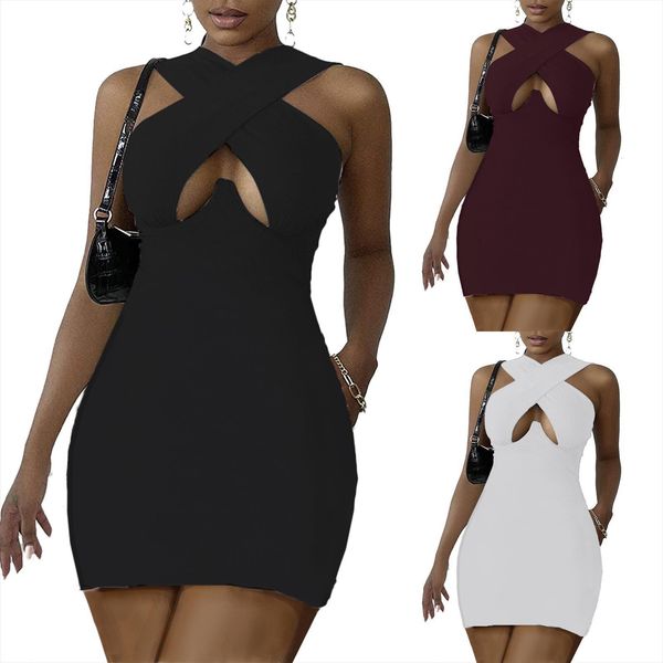 

Sexy Dresses Summer Womens Tank Plus Size Print Sleeveless Basic Color Cross Belt Hollow Out Night Party Clubwear Dress, White