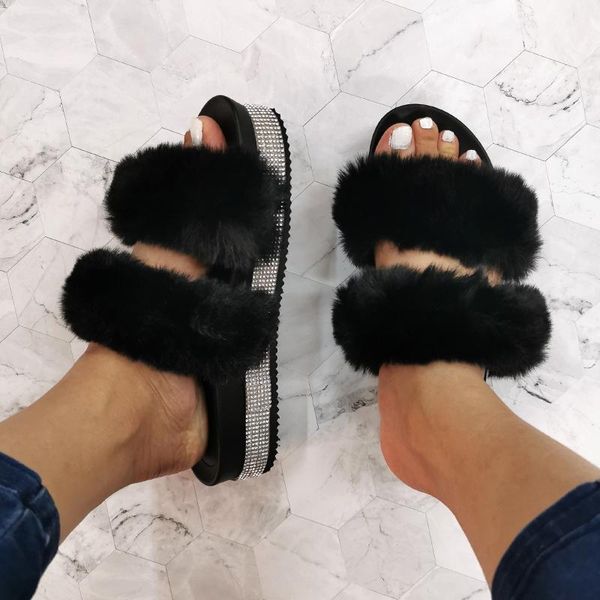 

women summer fur platform slippers furry fluffy fashion outdoor shoes crystal female flip flops slides black big size