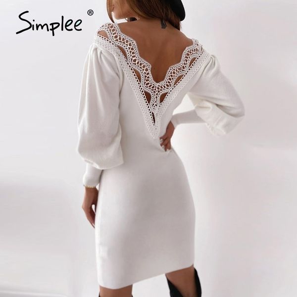 

simplee v-neck patchwork dress white lace edge a-line lantern sleeve dress autumn nightclub open back knee length dress, Black;gray