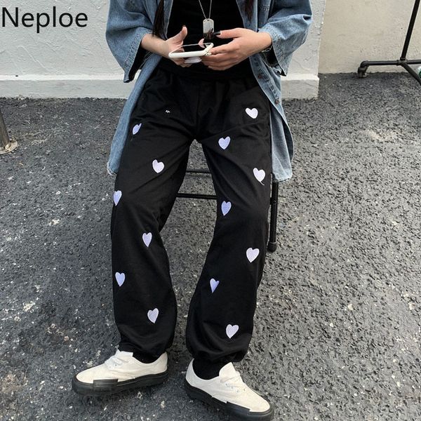 

neploe wide leg pants women heart embroidery sweatpants harajuku streetwear new bottoms loose casual straight trousers 210422, Black;white