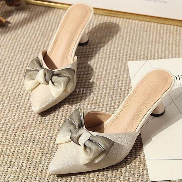 

women shoes high heel bow pointed toe party pumps summer outside butterfly-knot square zapatillas de casa slippers, Black