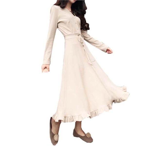 

casual dresses concise solid color dress fashion v-neck tie breasted ruffles long spring vestidos female slim re0469, Black;gray