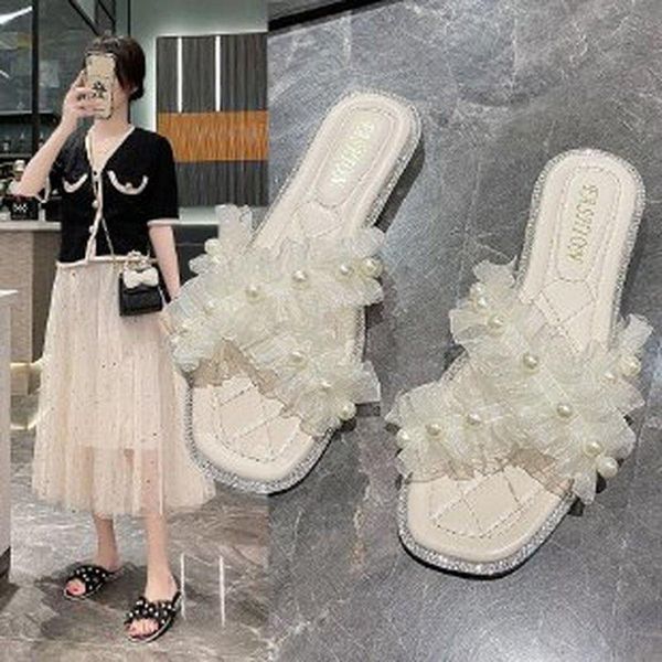

slippers women's sandals lace soft bottom pearl flip-flops casual 2021 summer wear flat-bottomed mesh, Black
