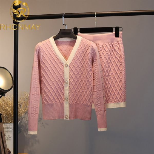 

spring autumn knitted 2 piece set women elegant single-breasted v neck sweater cardigan + high waist a line skirt suit 210506, White