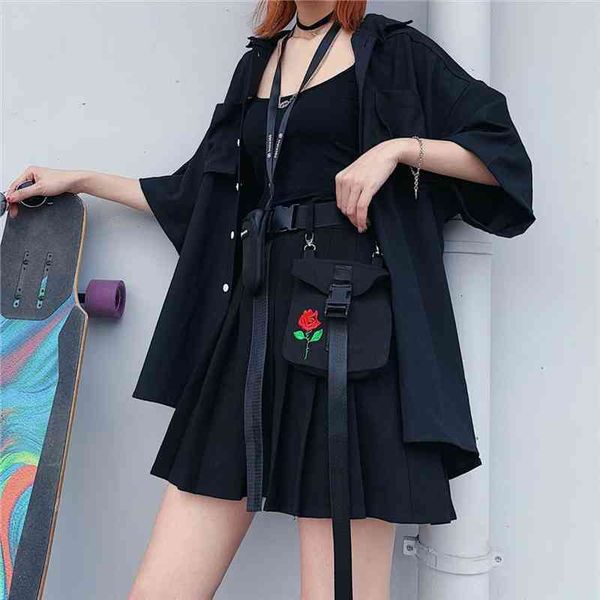 

summer black mini harajuku women skirts gothic punk fashion party a line korean big pocket rose embroidered pleated