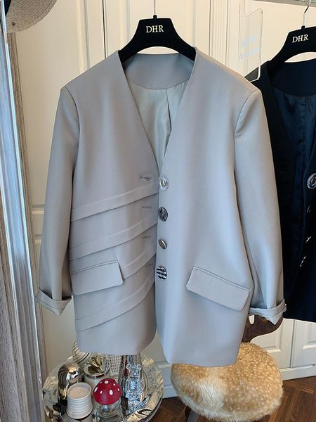 

women's suits & blazers superaen design loose solid v-neck fold patchwork retro button suit jacket women 2021 autumn clothes coats, White;black