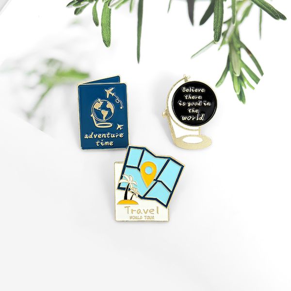 

new adventurer enamel pins creative cartoon globe passport map metal brooches travel alloy lapel backpack gift fashion accessories badge, Blue