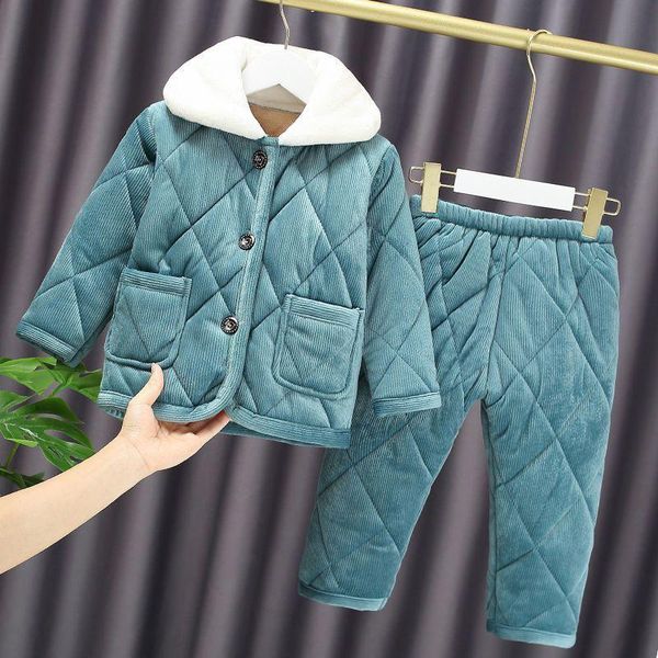 

pajamas winter children's boys and girls three-layer quilted thickening baby big children coral fleece warm home service suit, Blue;red