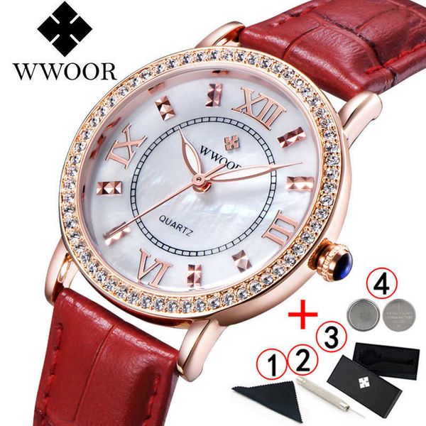 WWOOR Orologi eleganti Donna Top Luxury Brand Moda Strass Orologio in pelle Orologio da polso da donna Orologio rosso Bayan Kol Saati 210527