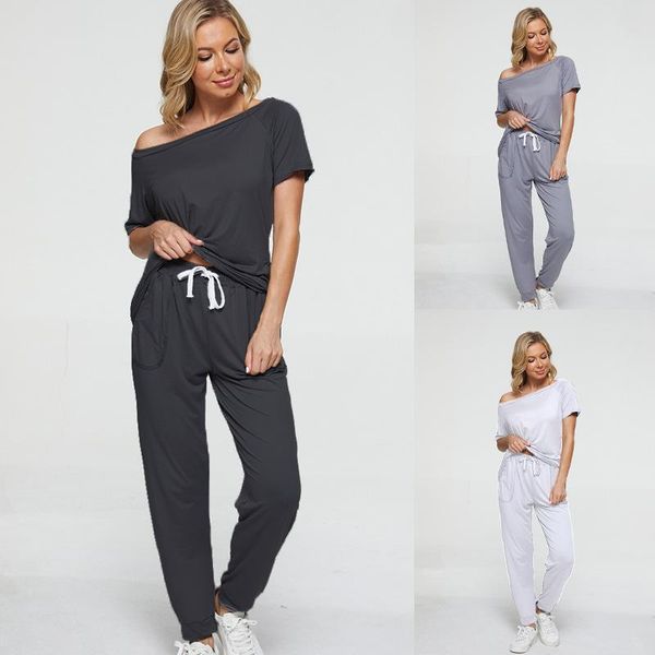 

women's two piece pants 2021 ladies jogging suit one-shoulder line color casual trousers short sleeve, White
