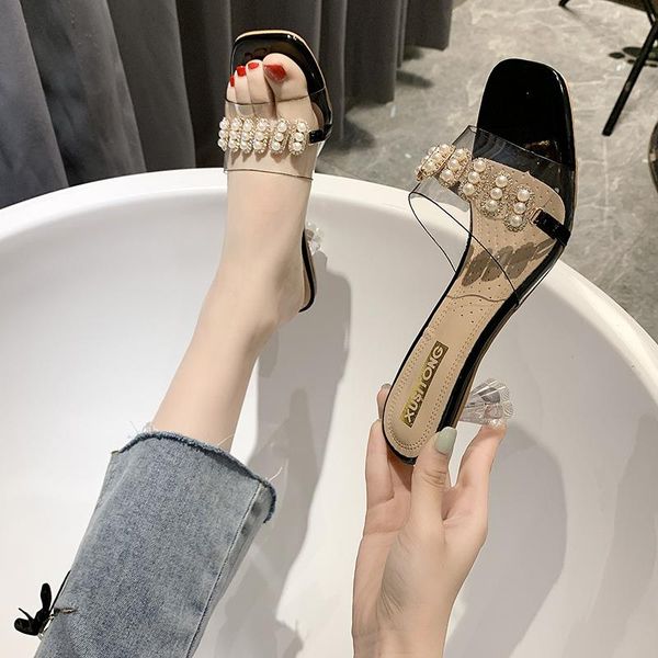 

dress shoes summer women sandals transparent footwear women's fashion pearl comfortable casual high heels crystal heel female, Black