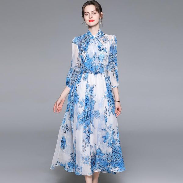 

women summer designer elegant floral print dress fashion lace-up bow casual party robe ladies vintage midi dresses vestidos, Black;gray