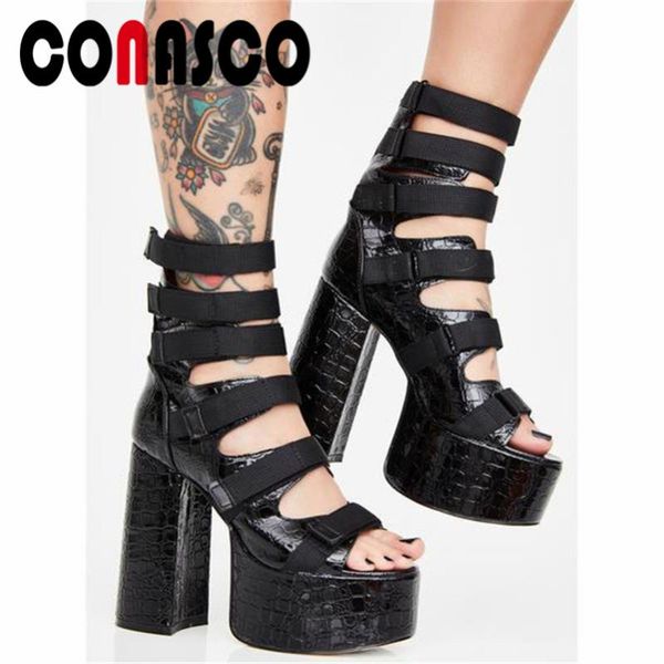 

women pumps platform style sqaure high heels summer fashion cover heel sandals prom party shoes woman ankle, Black