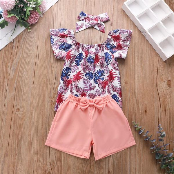

clothing sets 3pcs little girls outfit, summer creative leaves printing round collar short sleeve + solid color shorts bow headwear, White