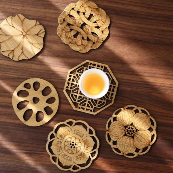 

mats & pads lotus shape drink coasters mat wooden root leaf round cup table tea coffee mug placemat home decoration kitchen