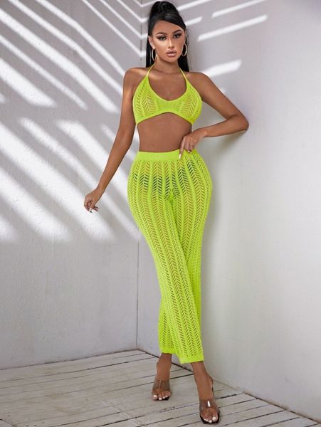 

knitted halter crop & pants cover up set s9kt#, White;black