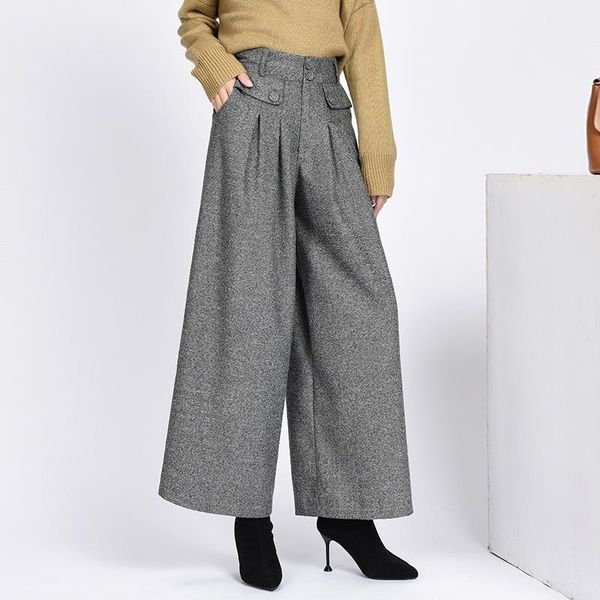 

women's pants & capris warm winter fashion woolen wide-leg office beauty retro pleated casual skirt straight fat leg high waist long, Black;white