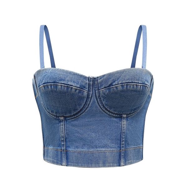 

denim corset crop women tank summer cropped lady clothes camis push up denim bra backless bustier party club vest 210709, White