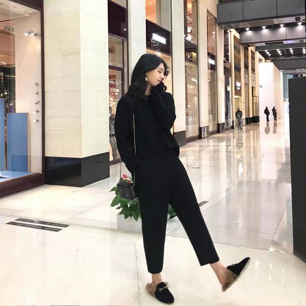 

2 piece set sweater two women tracksuits knitted slim tracksuit autumn winter fashion pullover sporting pants suit female, Gray