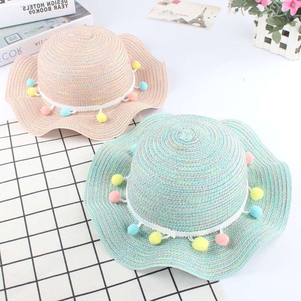 

summer girls straw wave edge color ball sun children beach hat, Yellow