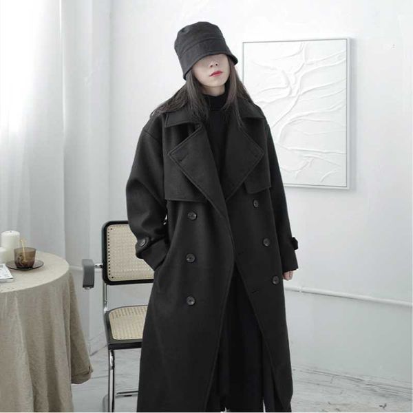 

women's wool & blends ladies long woolen coat winter pure color lapel wide cocoon belt design korean fashion trend double breasted, Black