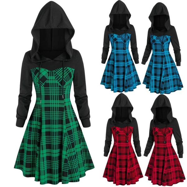 Hoodies das mulheres camisolas de natal manga longa manga com capuz xadrez impresso festa flare dress inverno harajuku menina bolso pulseira 202