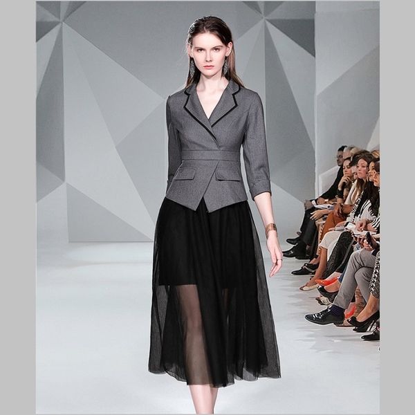 

spring fashion suit mesh patchwork long dress summer women elegant v neck hit color fake two piece party tunic dresses 210514, Black;gray