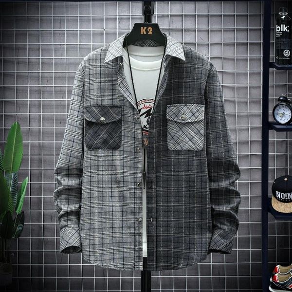 

men's dress shirts 2021 autumn fashion plaid stitching multi-pocket long-sleeved shirt classic casual workwear big pocket formal top, White;black