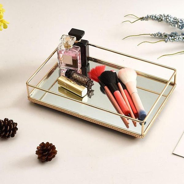 

nordic retro storage tray gold rectangle glass makeup organizer dessert plate jewelry display box boxes & bins