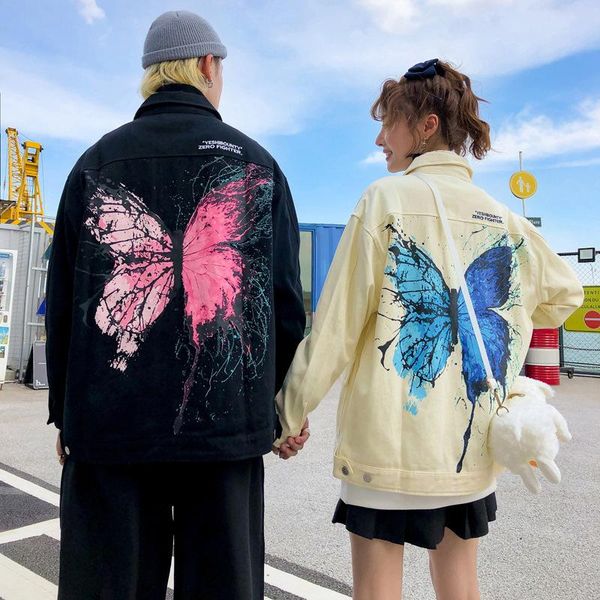 

men's jackets street fashion hand painted butterfly print denim jacket men loose couple's coats women hip hop streetwear jeans, Black;brown