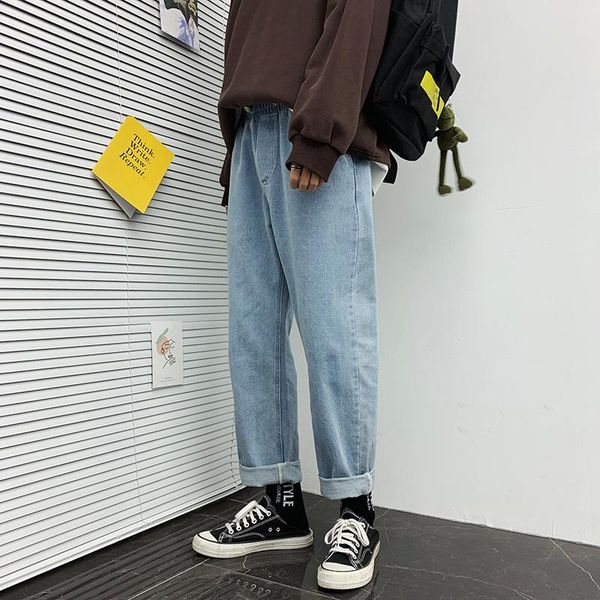 

men's jeans trend casual straight denim pants baggy homme wash loose cargo pocket biker cowboy 9-points trousers solid plus size, Blue