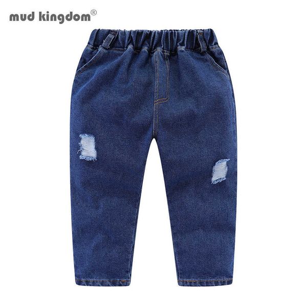 Mudkingdom meninos jeans moda breve calças longas rasgadas sólidas cintura elástica calças para 210615