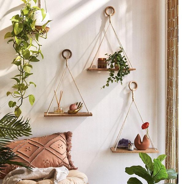 

hanging premium wood swing rope shelves plant decorative shelf wall mounted simple design indoor outdoor storage rack hooks & rails