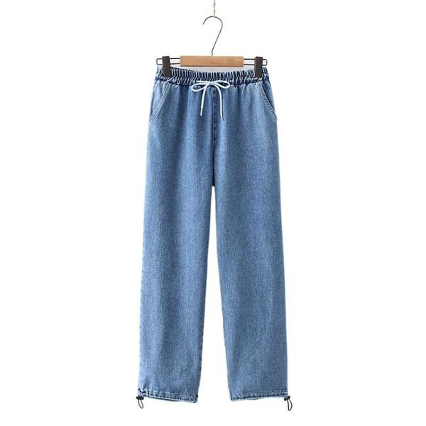 

korean retro jeans wash loose drawstring straight leg jean pants 2021 spring casual denim pant 2112860 women's, Blue