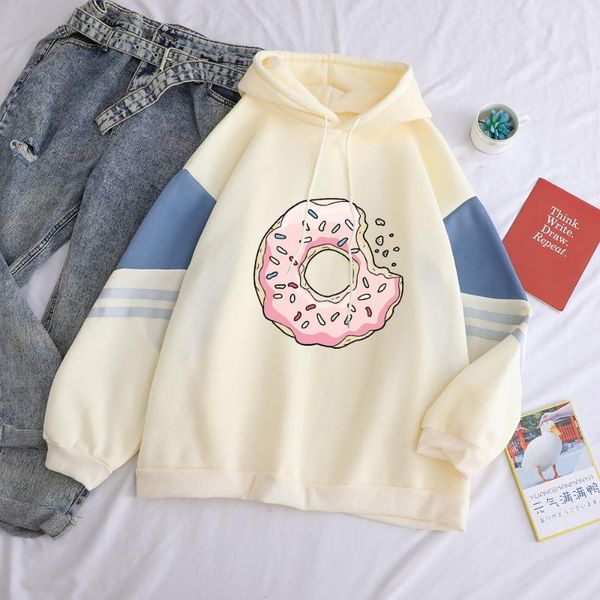 

women's hoodies & sweatshirts doughnut print autumn winter fleece fashion contrast color patchwork streetwear long sleeve harajuku pull, Black