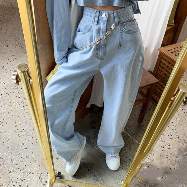 

women's pants & capris 2021 large size high waist straight tube show thin wide leg jeans overlength trousers, Black;white