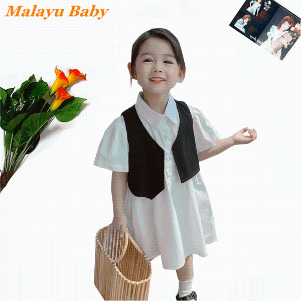 

malayu baby girls dress 2021 summer child fashion white shirt dresses collocation with vest 2pcs 2-6 years kids clothing girl's, Red;yellow
