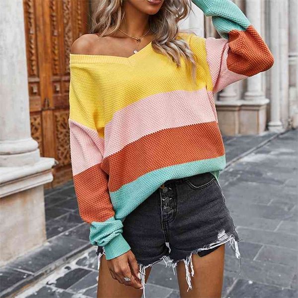 

women's classic striped patchwork sweater for autumn winter clothes women v-neck knit pullovers vintage sweater korean 210508, Black