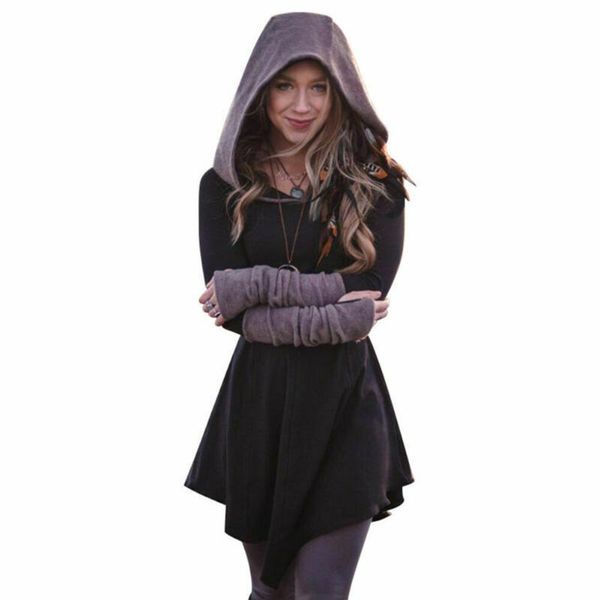 

casual dresses shopping long sleeve mini slim fit autumn party waist pleated pullover solid hooded women dress cotton blend, Black;gray