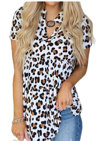 

women's t-shirt 2021 summer leopard v-neck short-sleeved loose and plus-sized all-match, White
