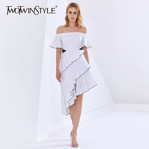 

twotwinstyle asymmetrical patchwork ruffle shirt for women slash neck short sleeve high waist white dresses female summer tide 210428, Black;gray