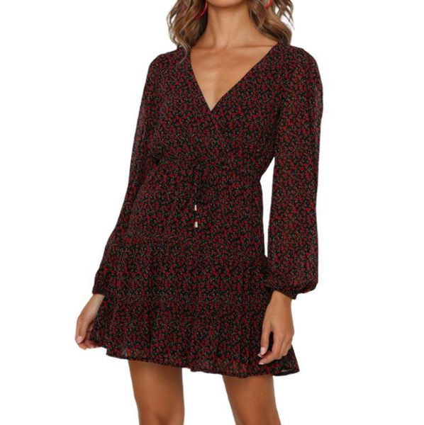 

casual dresses women tie-up dress, adults floral print long sleeve v-neck (black), Black;gray