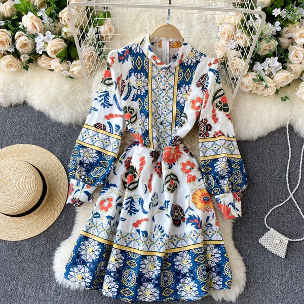 

women retro print short dress korean stand collar puff sleeve button dresses autumn fashion streetwear a-line 2021, Black;gray