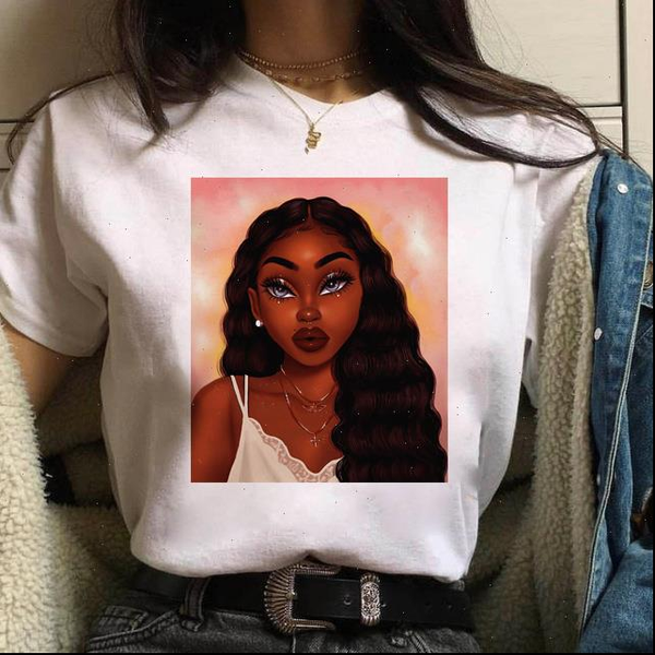 

melanin black african curly hair women t shirts girl printed femme harajuku clothes female, White