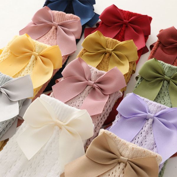 

baby girls bowknot knee socks spring summer style spanish ins toddler cotton breathable sock children mesh big bow heelless stockings s1271, Pink;yellow