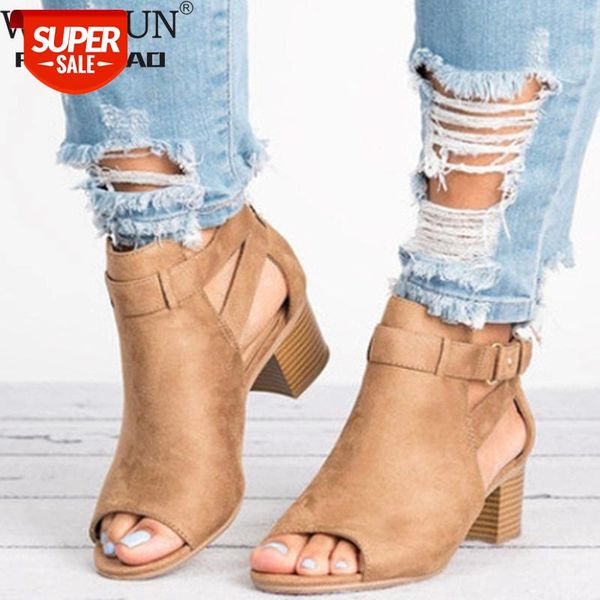 

woman sandals 2020 summer fashion gladiator square heel pumps high heels buckle strap female solid color plus size 34-43 #u12a, Black