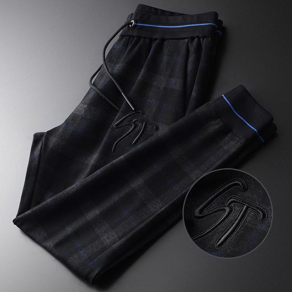 

men's pants autumn winter men luxury velvet plaid elastic waist man fashion embroidery slim fit trousers plus size, Black